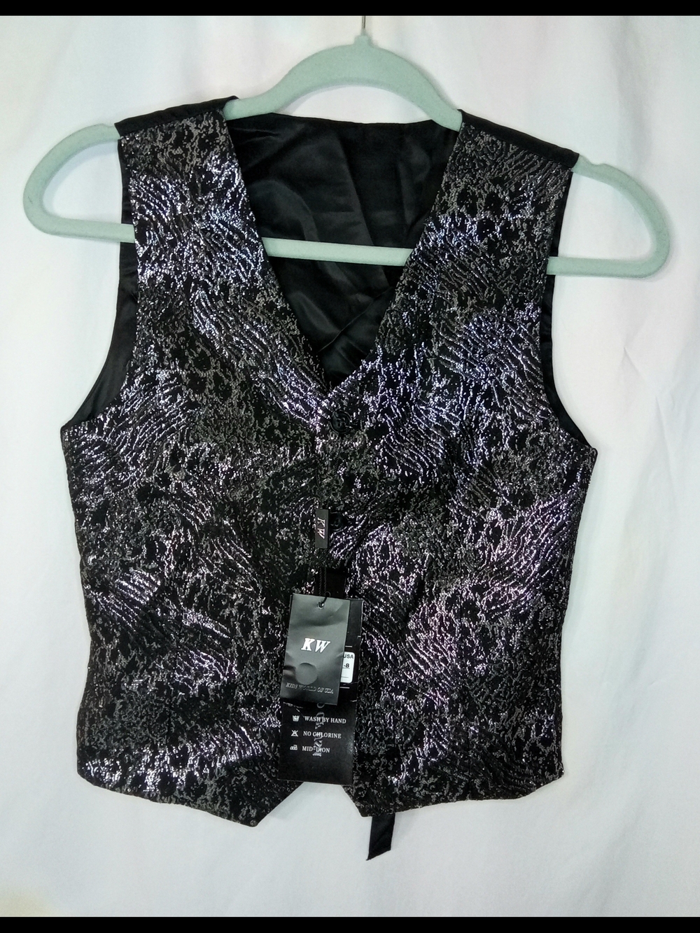 NWT Youth Vest Metallic Brocade Silver Black Suit Formal Wedding Pageant Sz 12